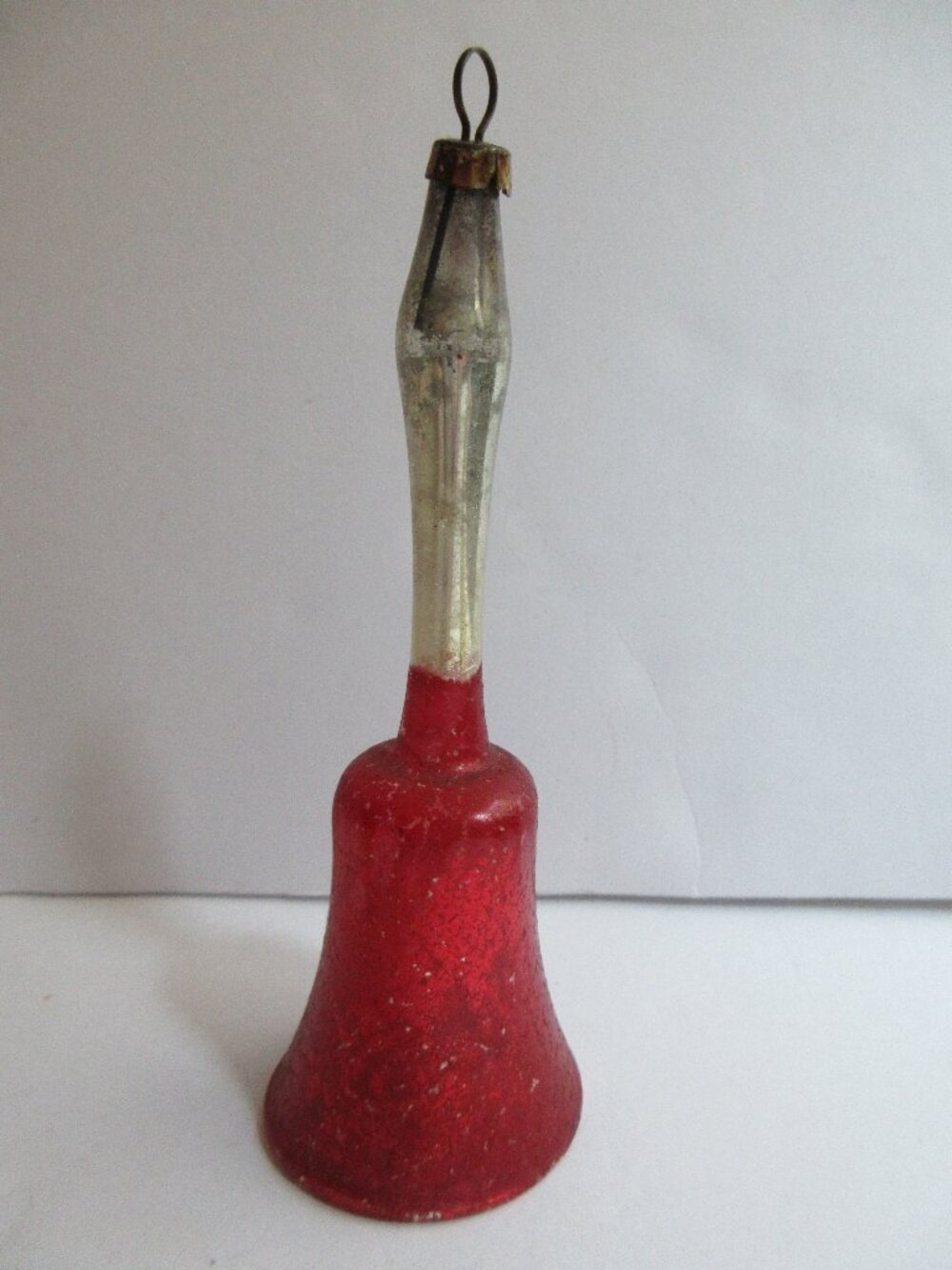 Antique German Glass Hand Bell with Handle Christmas Ornament Vintage Red Silver